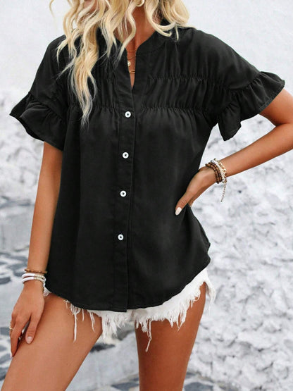 Ruffled Short Sleeve Button Solid Color Casual Blouse