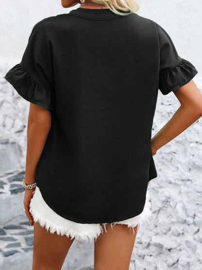 Ruffled Short Sleeve Button Solid Color Casual Blouse