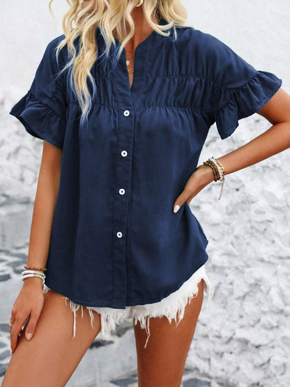 Ruffled Short Sleeve Button Solid Color Casual Blouse
