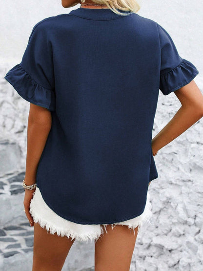 Ruffled Short Sleeve Button Solid Color Casual Blouse