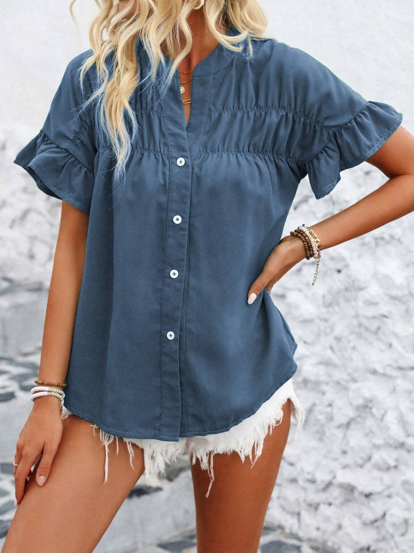 Ruffled Short Sleeve Button Solid Color Casual Blouse