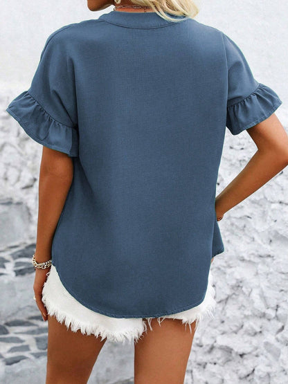 Ruffled Short Sleeve Button Solid Color Casual Blouse