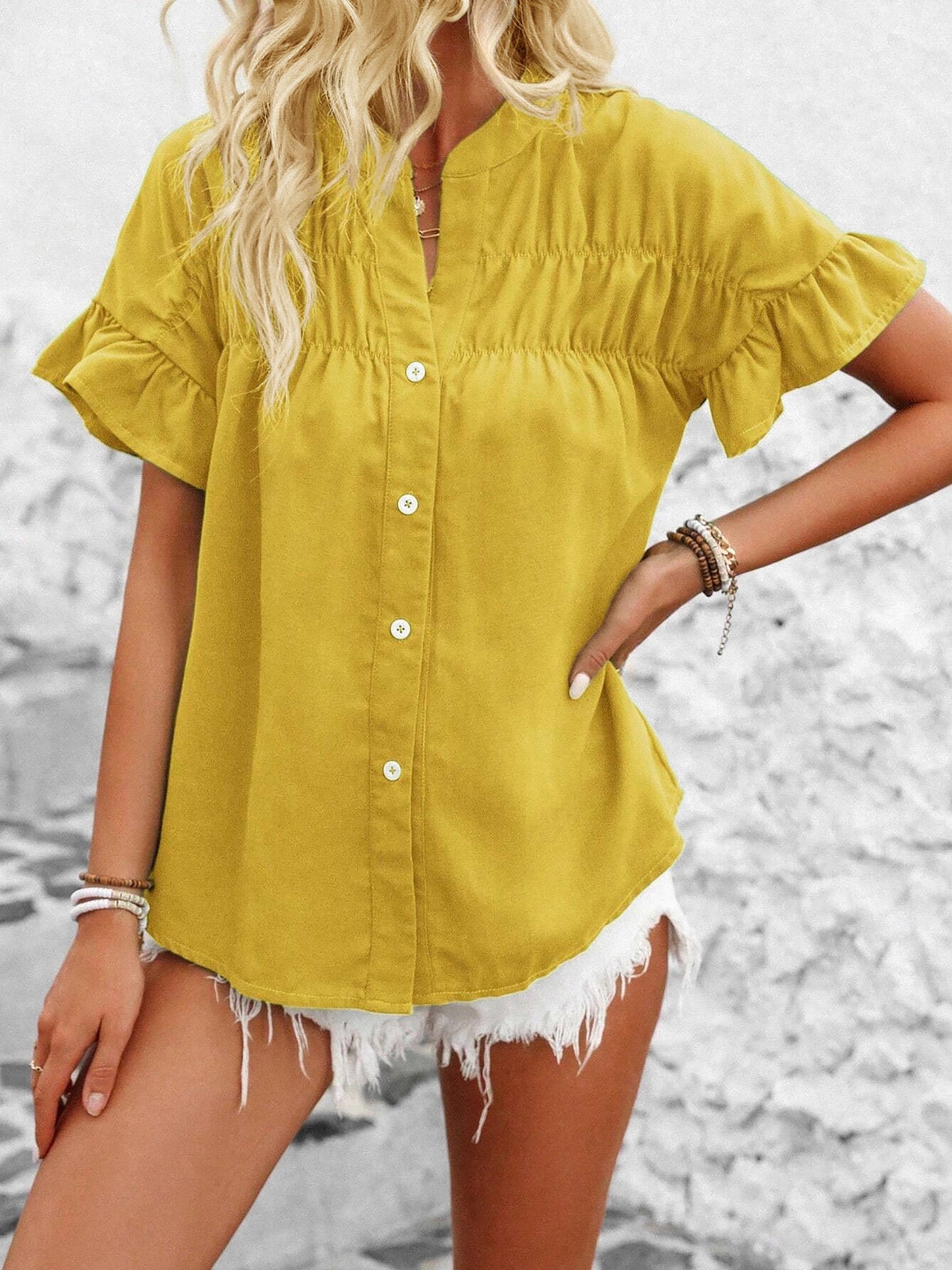 Ruffled Short Sleeve Button Solid Color Casual Blouse