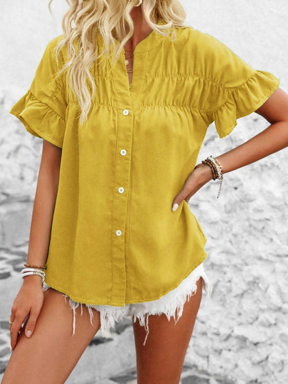 Ruffled Short Sleeve Button Solid Color Casual Blouse