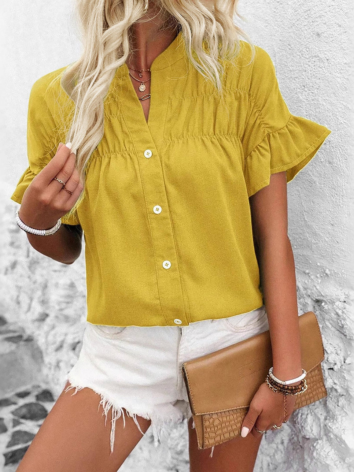 Ruffled Short Sleeve Button Solid Color Casual Blouse