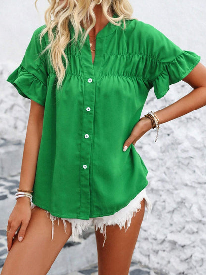 Ruffled Short Sleeve Button Solid Color Casual Blouse