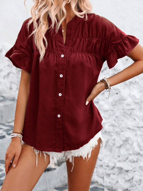 Ruffled Short Sleeve Button Solid Color Casual Blouse
