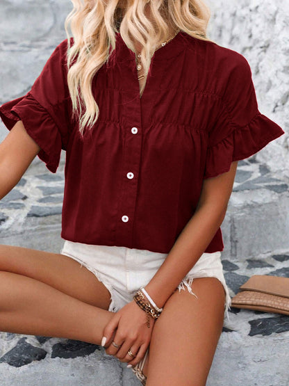 Ruffled Short Sleeve Button Solid Color Casual Blouse