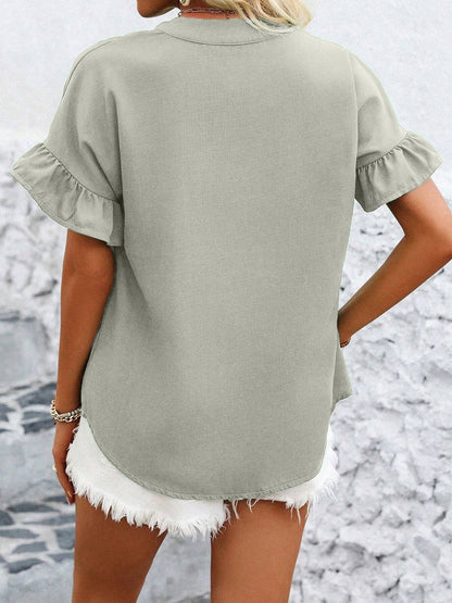 Ruffled Short Sleeve Button Solid Color Casual Blouse