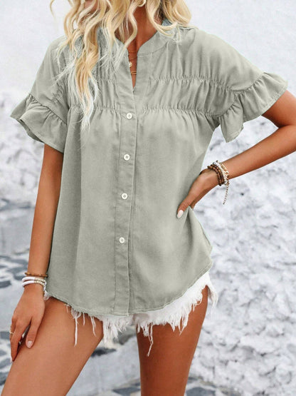 Ruffled Short Sleeve Button Solid Color Casual Blouse