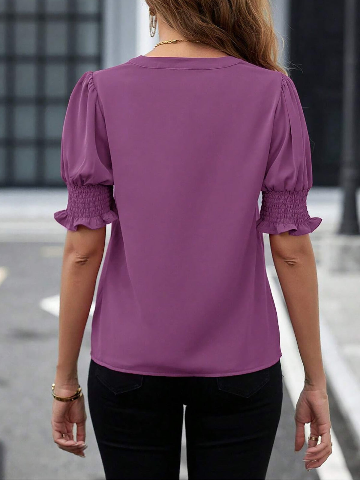 Flattering Smocked Puff Sleeve Solid Color Casual Blouse for Office and Weekend Wear