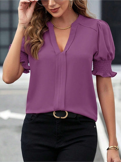 Flattering Smocked Puff Sleeve Solid Color Casual Blouse for Office and Weekend Wear