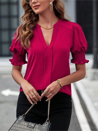 Flattering Smocked Puff Sleeve Solid Color Casual Blouse for Office and Weekend Wear