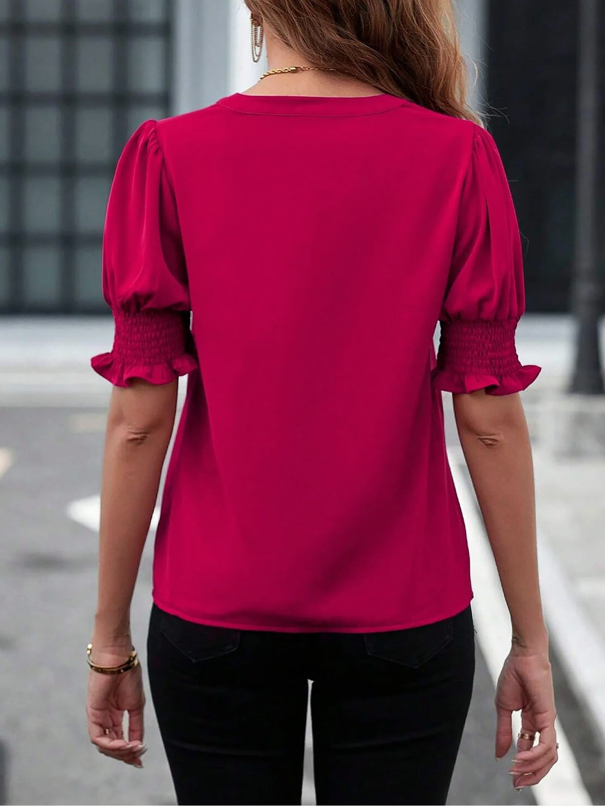 Flattering Smocked Puff Sleeve Solid Color Casual Blouse for Office and Weekend Wear