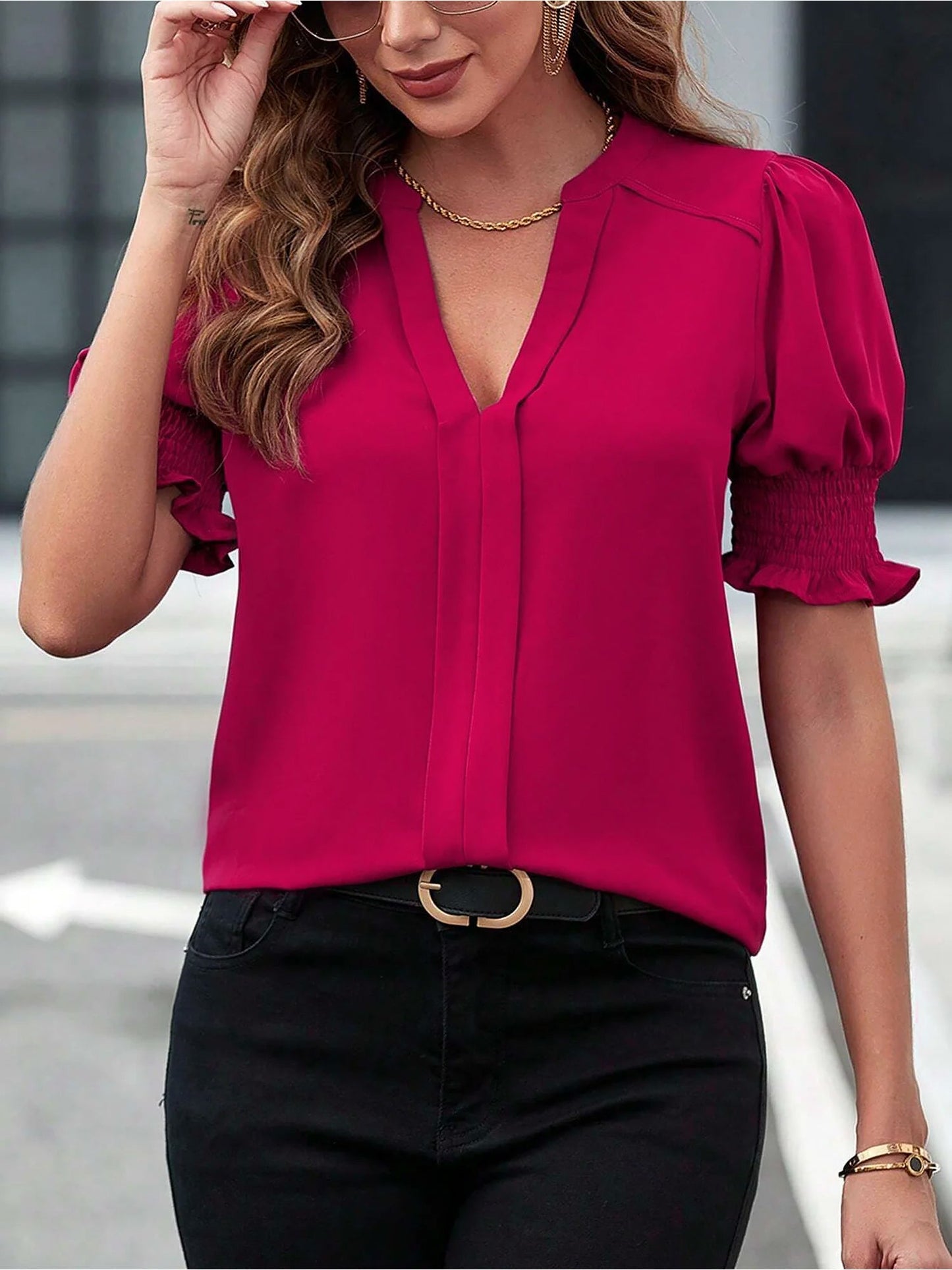 Flattering Smocked Puff Sleeve Solid Color Casual Blouse for Office and Weekend Wear