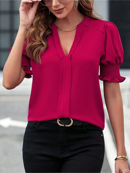 Flattering Smocked Puff Sleeve Solid Color Casual Blouse for Office and Weekend Wear