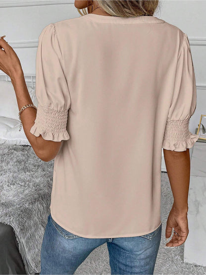 Flattering Smocked Puff Sleeve Solid Color Casual Blouse for Office and Weekend Wear