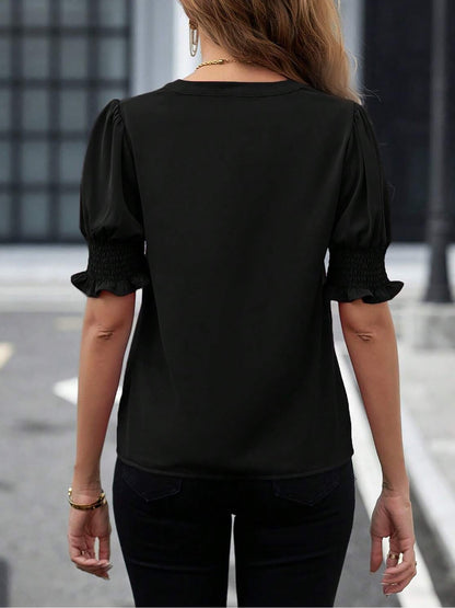 Flattering Smocked Puff Sleeve Solid Color Casual Blouse for Office and Weekend Wear