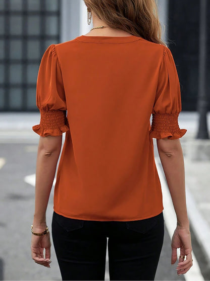 Flattering Smocked Puff Sleeve Solid Color Casual Blouse for Office and Weekend Wear