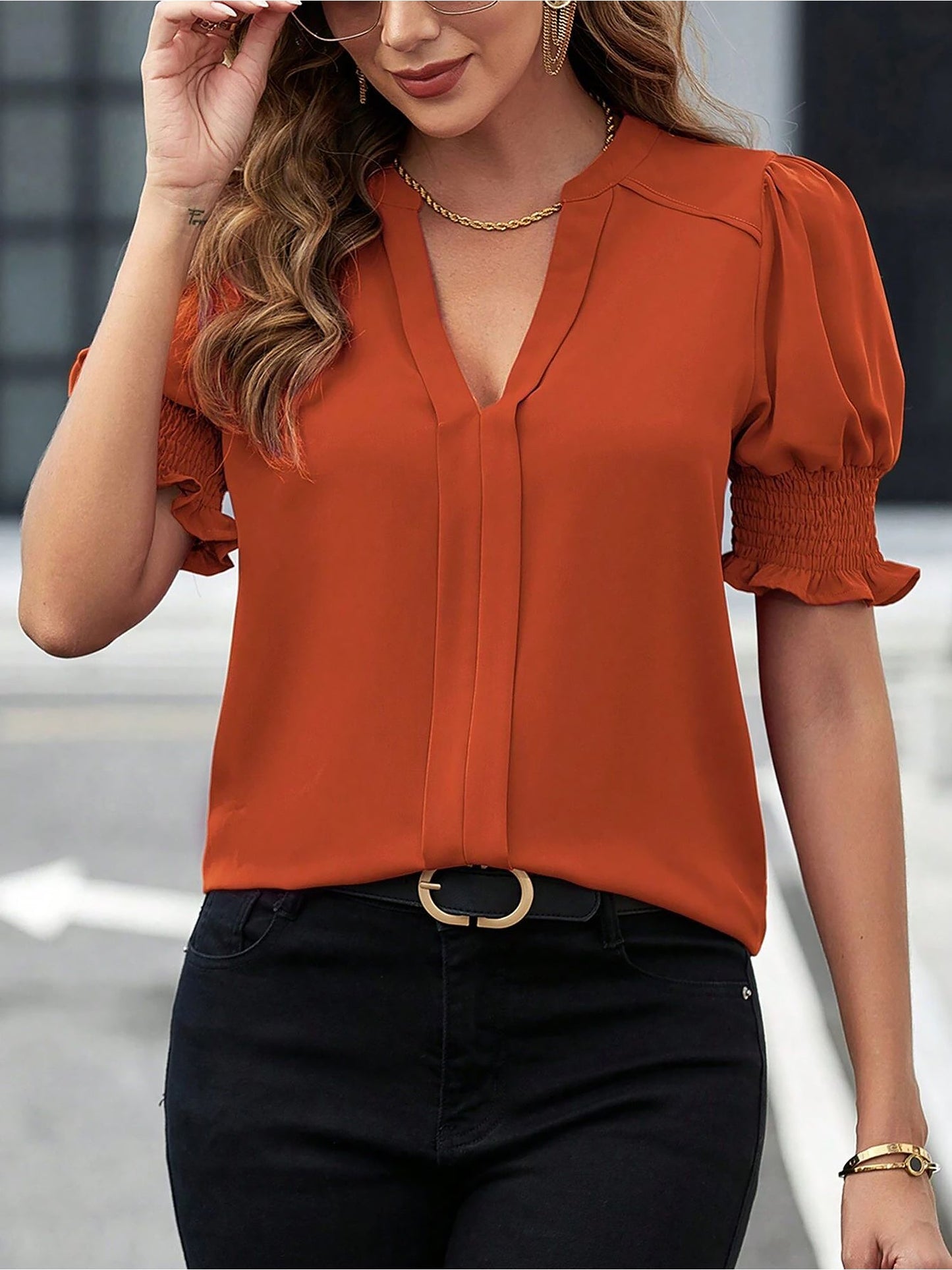 Flattering Smocked Puff Sleeve Solid Color Casual Blouse for Office and Weekend Wear