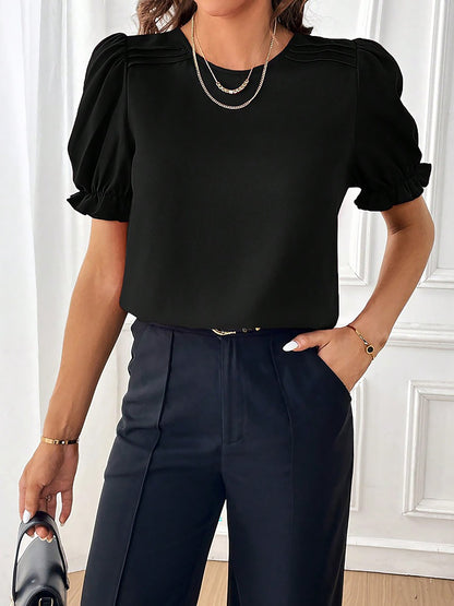 Adjustable Elastic Cuff Solid Color Round Neck Puff Sleeves Blouse