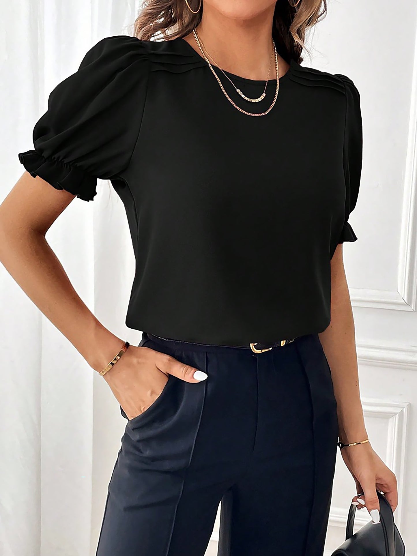 Adjustable Elastic Cuff Solid Color Round Neck Puff Sleeves Blouse