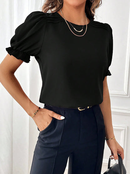 Adjustable Elastic Cuff Solid Color Round Neck Puff Sleeves Blouse