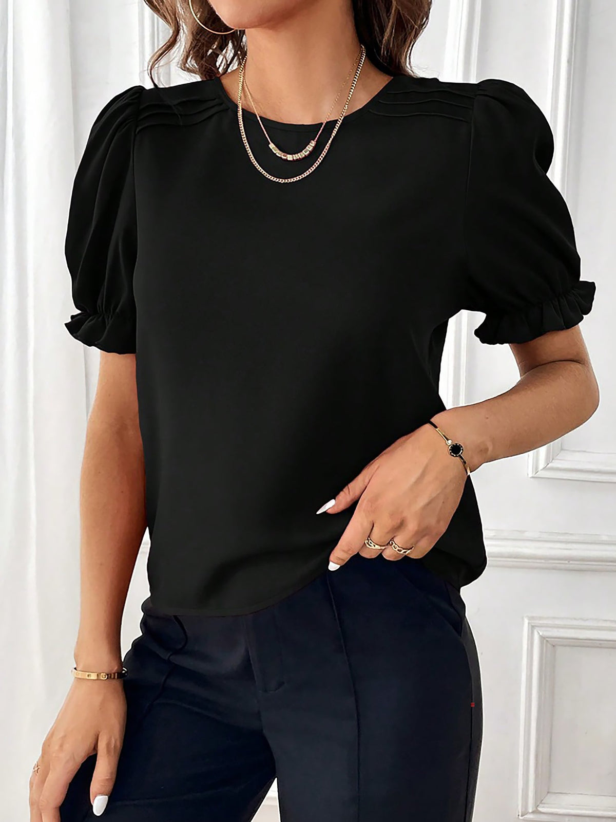 Adjustable Elastic Cuff Solid Color Round Neck Puff Sleeves Blouse