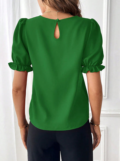 Adjustable Elastic Cuff Solid Color Round Neck Puff Sleeves Blouse