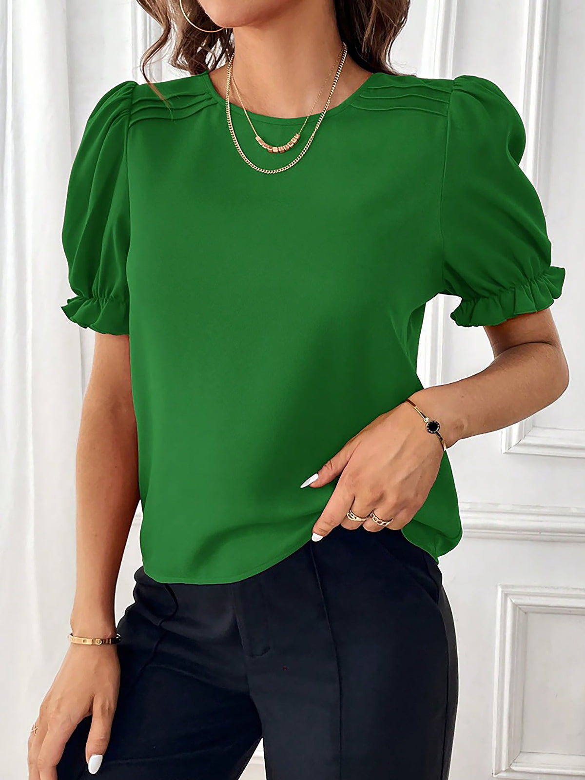 Adjustable Elastic Cuff Solid Color Round Neck Puff Sleeves Blouse