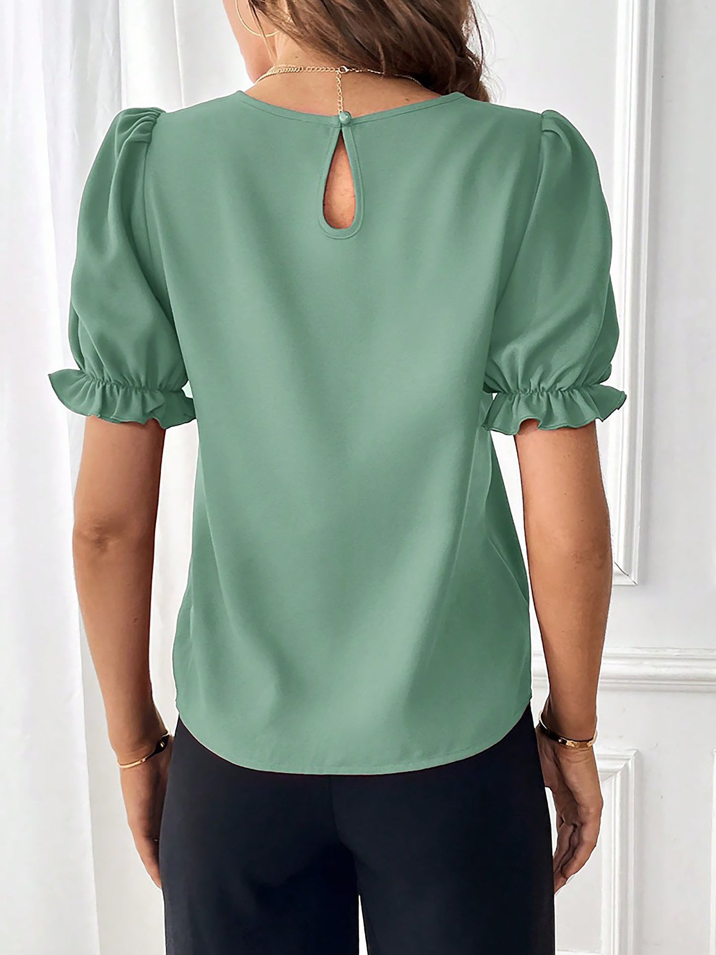 Adjustable Elastic Cuff Solid Color Round Neck Puff Sleeves Blouse