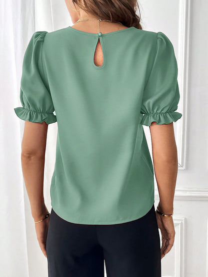 Adjustable Elastic Cuff Solid Color Round Neck Puff Sleeves Blouse
