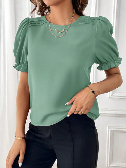 Adjustable Elastic Cuff Solid Color Round Neck Puff Sleeves Blouse