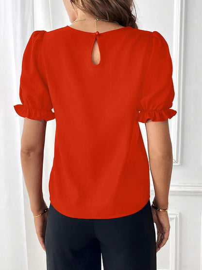Adjustable Elastic Cuff Solid Color Round Neck Puff Sleeves Blouse