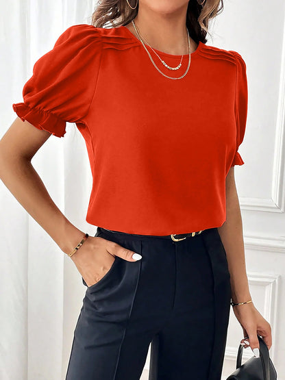 Adjustable Elastic Cuff Solid Color Round Neck Puff Sleeves Blouse