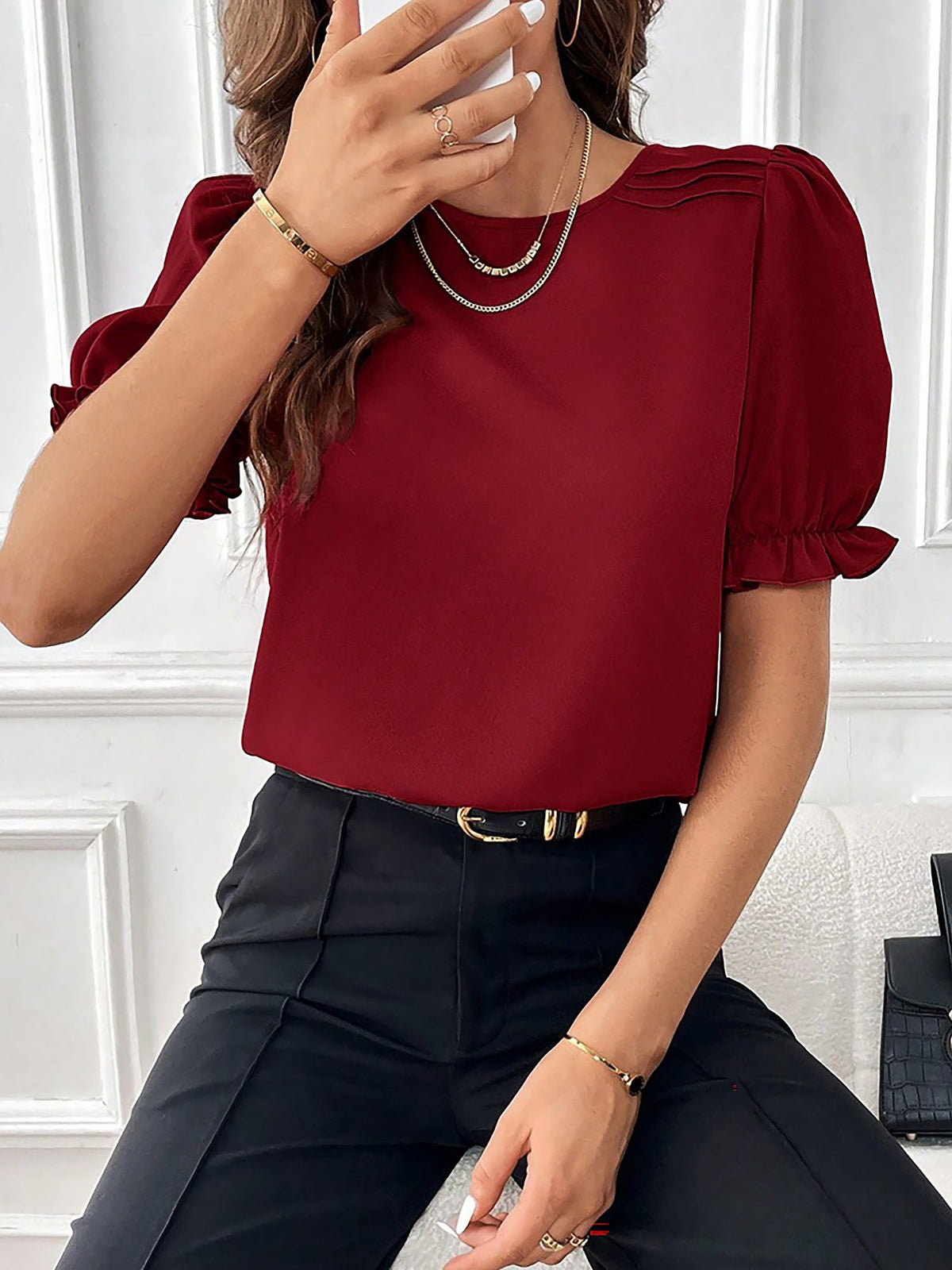 Adjustable Elastic Cuff Solid Color Round Neck Puff Sleeves Blouse