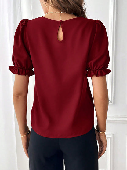 Adjustable Elastic Cuff Solid Color Round Neck Puff Sleeves Blouse