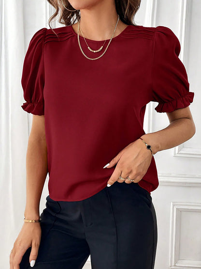 Adjustable Elastic Cuff Solid Color Round Neck Puff Sleeves Blouse