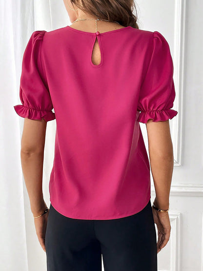 Adjustable Elastic Cuff Solid Color Round Neck Puff Sleeves Blouse