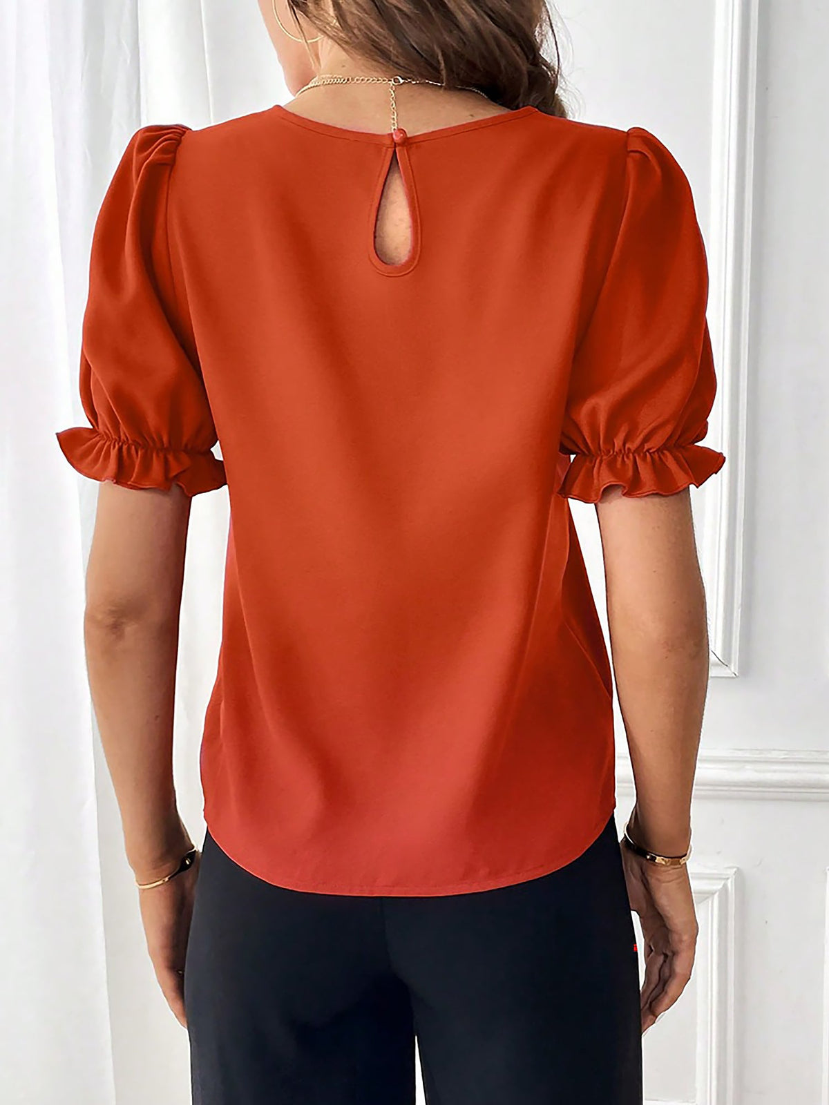 Adjustable Elastic Cuff Solid Color Round Neck Puff Sleeves Blouse