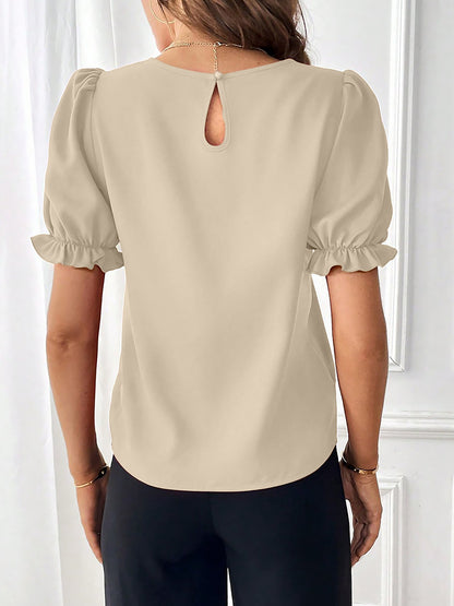 Adjustable Elastic Cuff Solid Color Round Neck Puff Sleeves Blouse