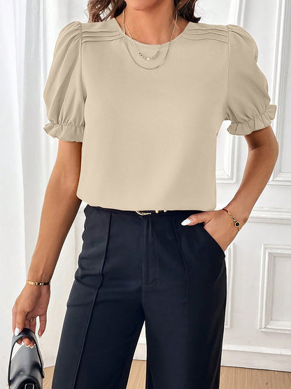 Adjustable Elastic Cuff Solid Color Round Neck Puff Sleeves Blouse