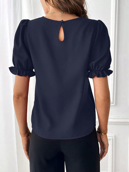 Adjustable Elastic Cuff Solid Color Round Neck Puff Sleeves Blouse