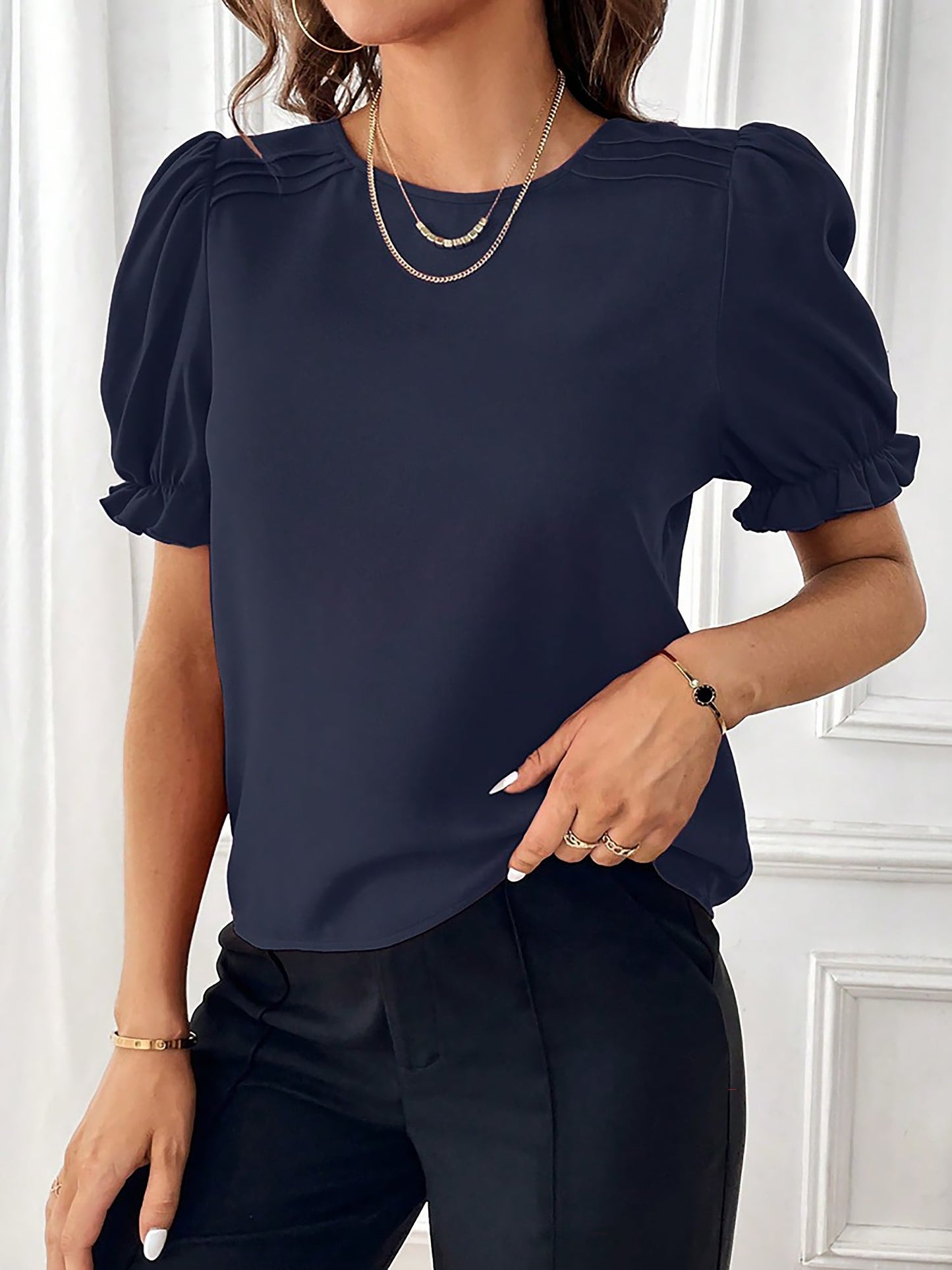 Adjustable Elastic Cuff Solid Color Round Neck Puff Sleeves Blouse
