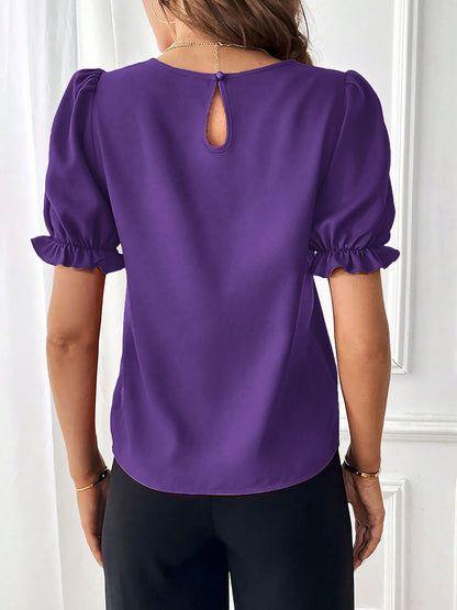 Adjustable Elastic Cuff Solid Color Round Neck Puff Sleeves Blouse