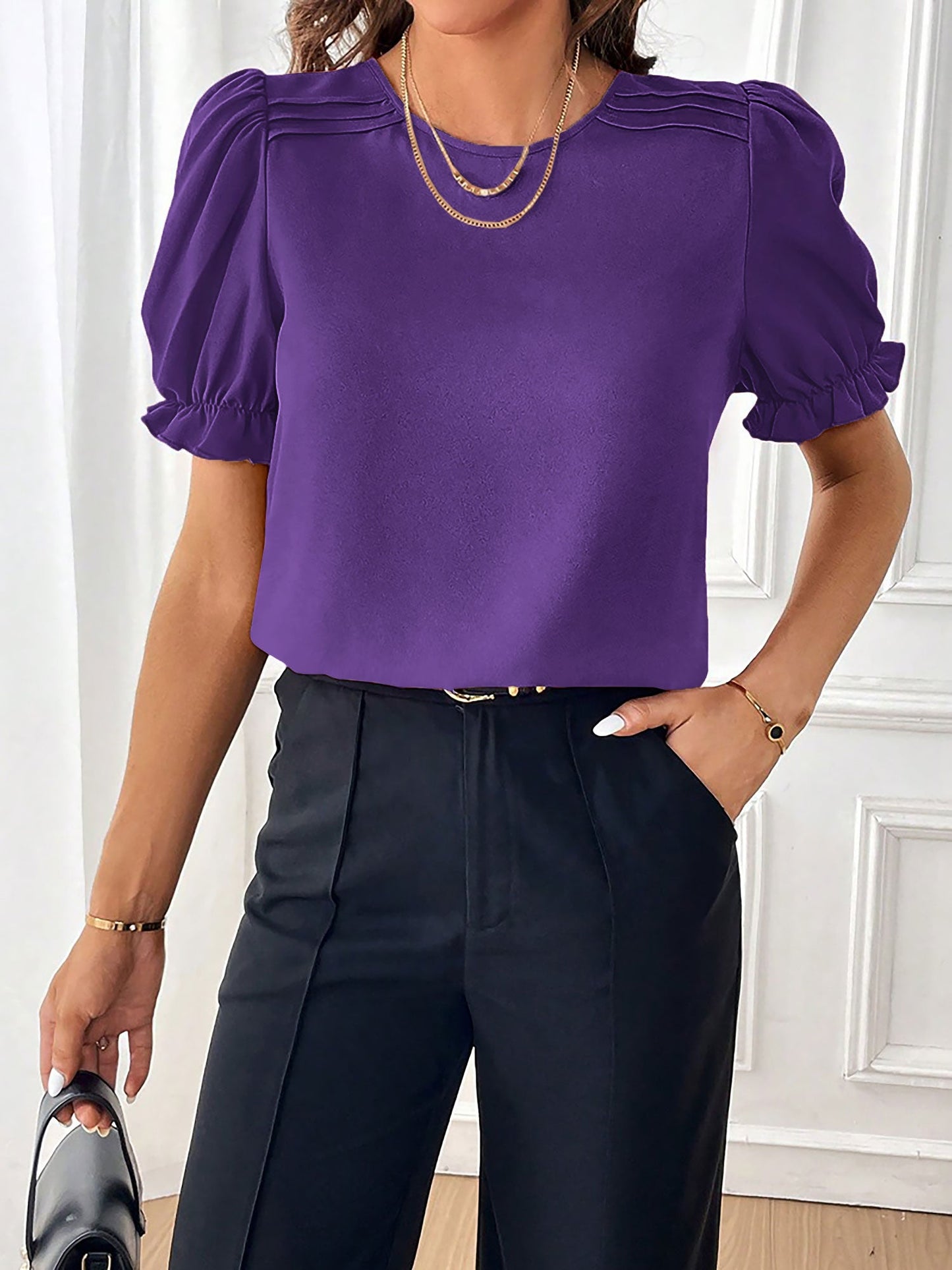 Adjustable Elastic Cuff Solid Color Round Neck Puff Sleeves Blouse
