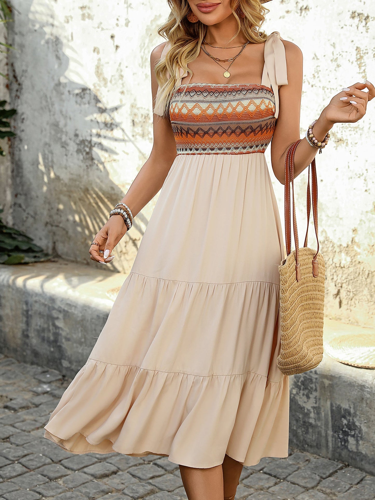 Bohemian Floral Embroidery Boho Sleeveless Tiered Midi Beach Dress Sundress