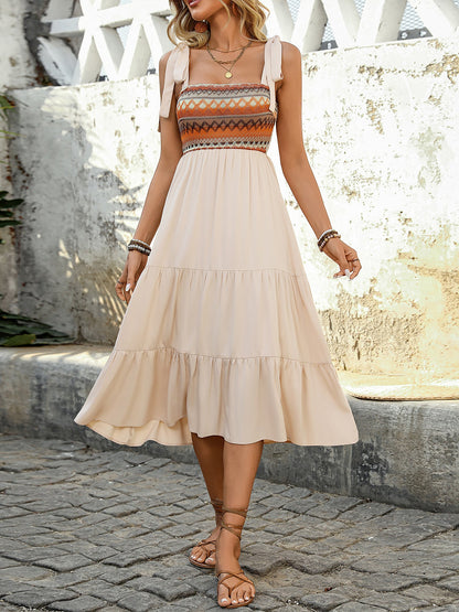 Bohemian Floral Embroidery Boho Sleeveless Tiered Midi Beach Dress Sundress