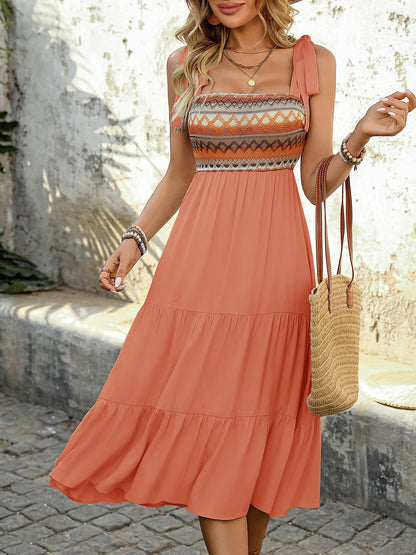 Bohemian Floral Embroidery Boho Sleeveless Tiered Midi Beach Dress Sundress