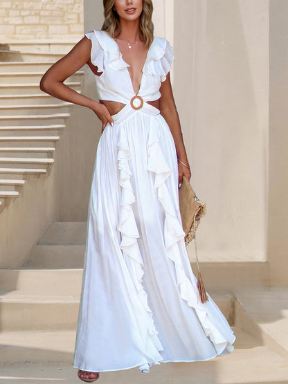 Boho Backless Lace-up Ruffled Cut Out Slit Maxi Dress